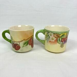 Vintage 1960s Hand Painted Coffee Tea Mugs Floral Fruit Signed 8 Oz Set of 2